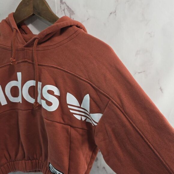 Adidas Hoodie Womens XS Orange Fleece Cropped Elastic Sweatshirt Pullover fh7636 - Picture 11 of 14